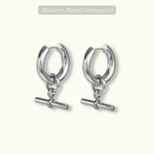 Trinity T-Bar Hoops - Silver - Rhodium Plated - Waterproof